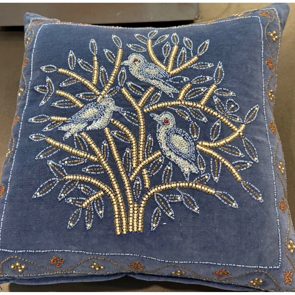 Home Decor 14x14 Square Throw Pillow Blue Velvet Beaded Bird Tree Boho